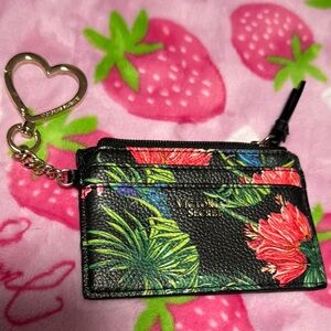 Victoria's Secret Tropical Floral Wallet Card Holder + Gold Heart Keychain Clip